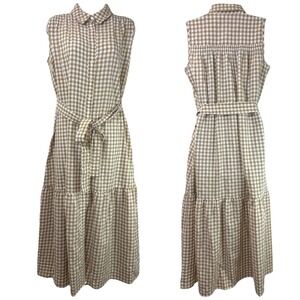New Tommy Hilfiger Women's Gingham Sleeveless Maxi Dress Tan‎ White Size 4 NWT
